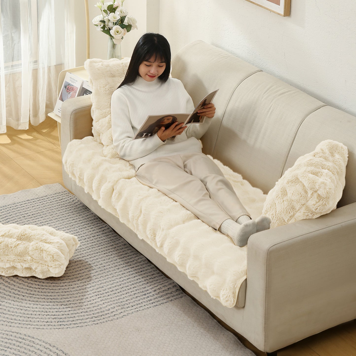 Premium Faux Rabbit Fur Anti Slip Sofa Mat for 1/2/3 Seater, Beige