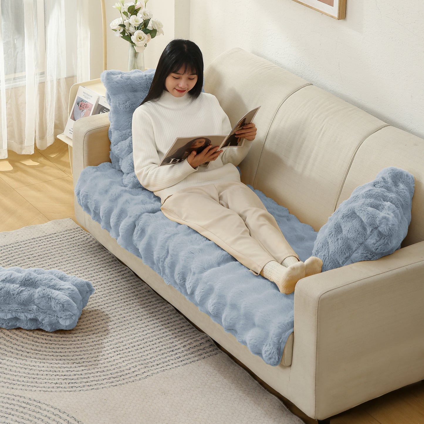 Premium Faux Rabbit Fur Anti Slip Sofa Mat for 1/2/3 Seater, Charm Blue