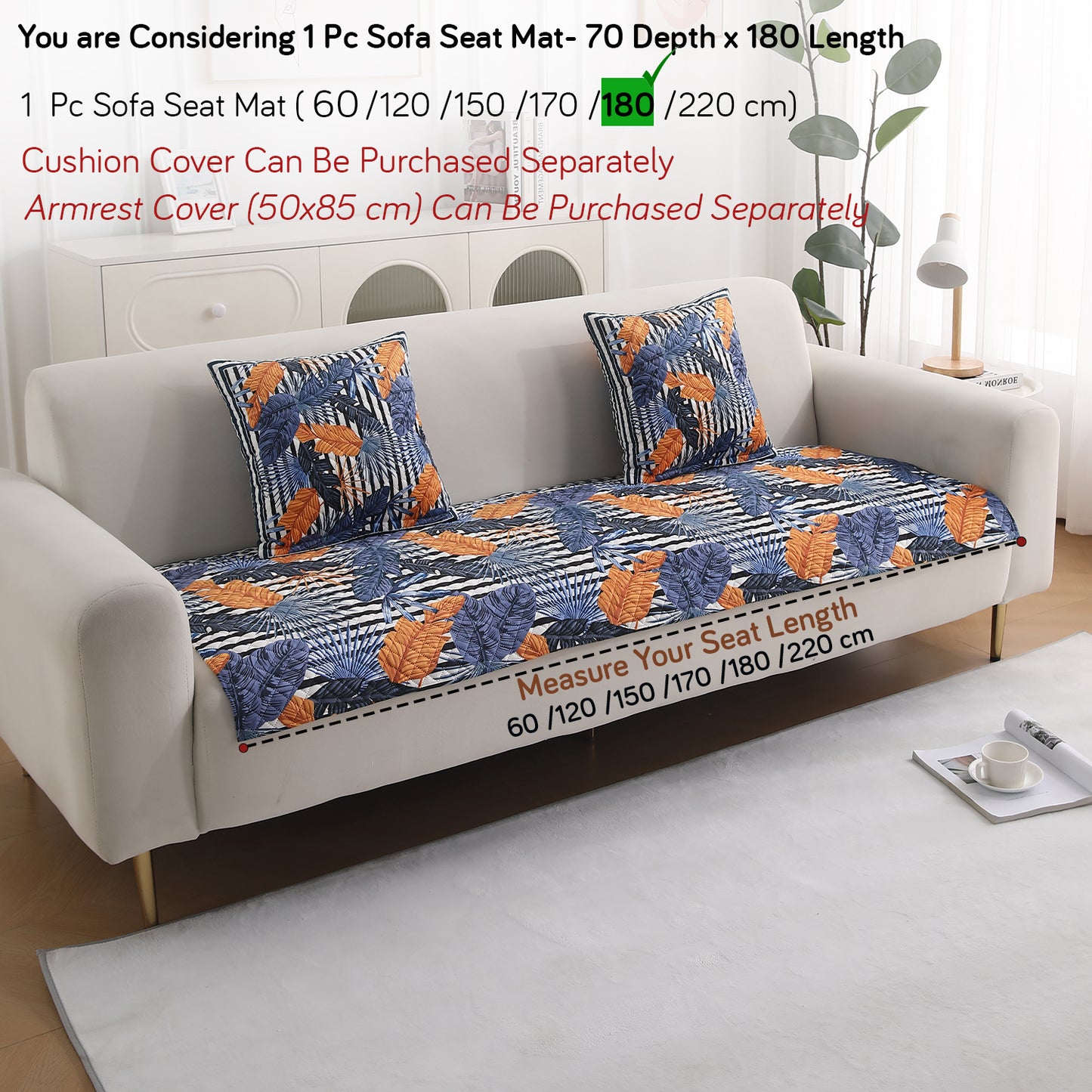 LiefNest Holland Velvet Sofa Cover Mat with Foam Filling - Tropical Leaves Dusk Blue