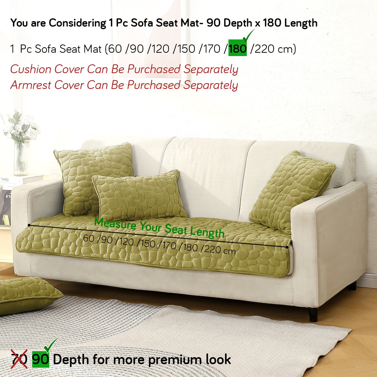 Premium Pebble Milk Velvet Anti Slip Sofa Mats, Pristine Green