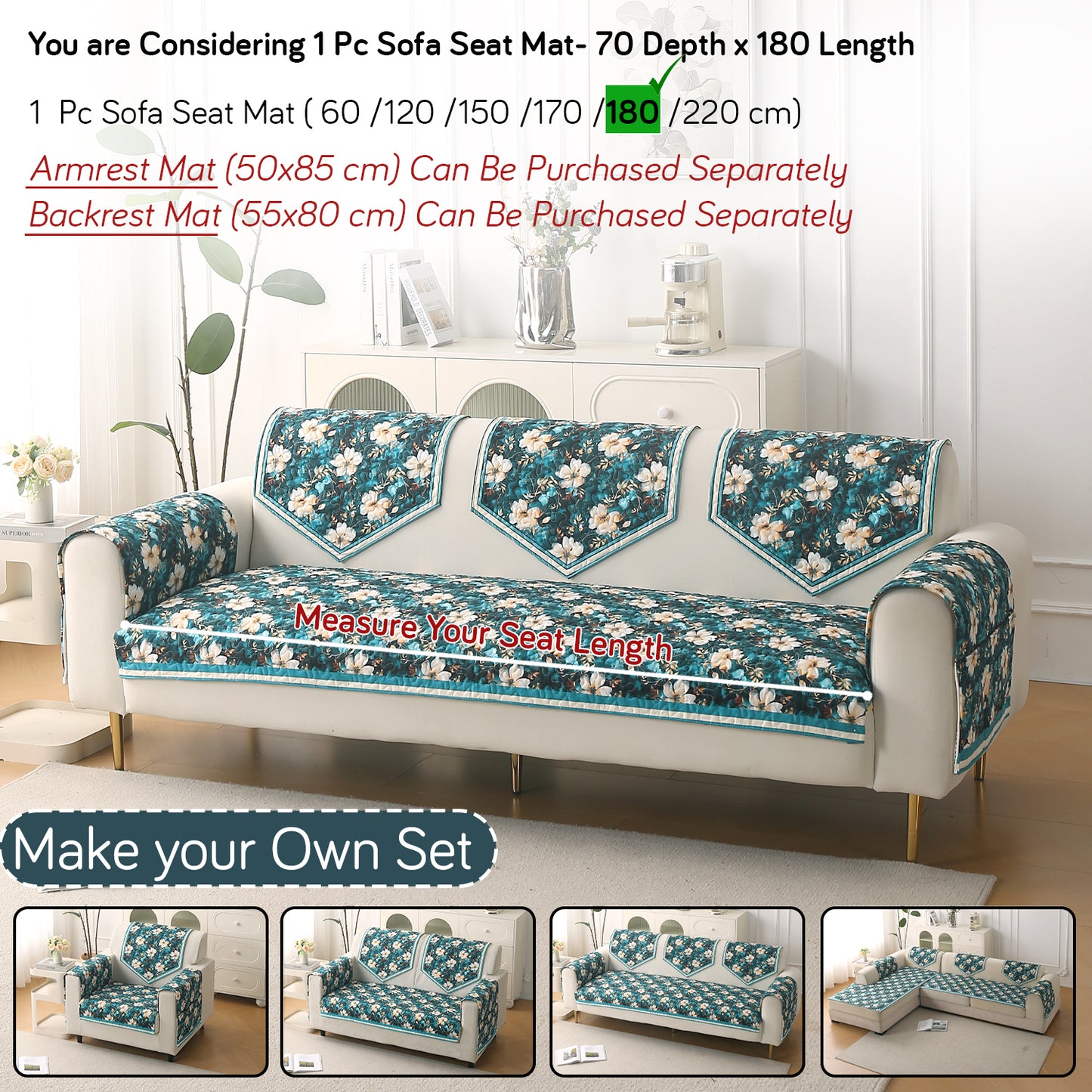 Florentina Series Premium Holland Velvet Sofa Cover Mat - Pansies Teal