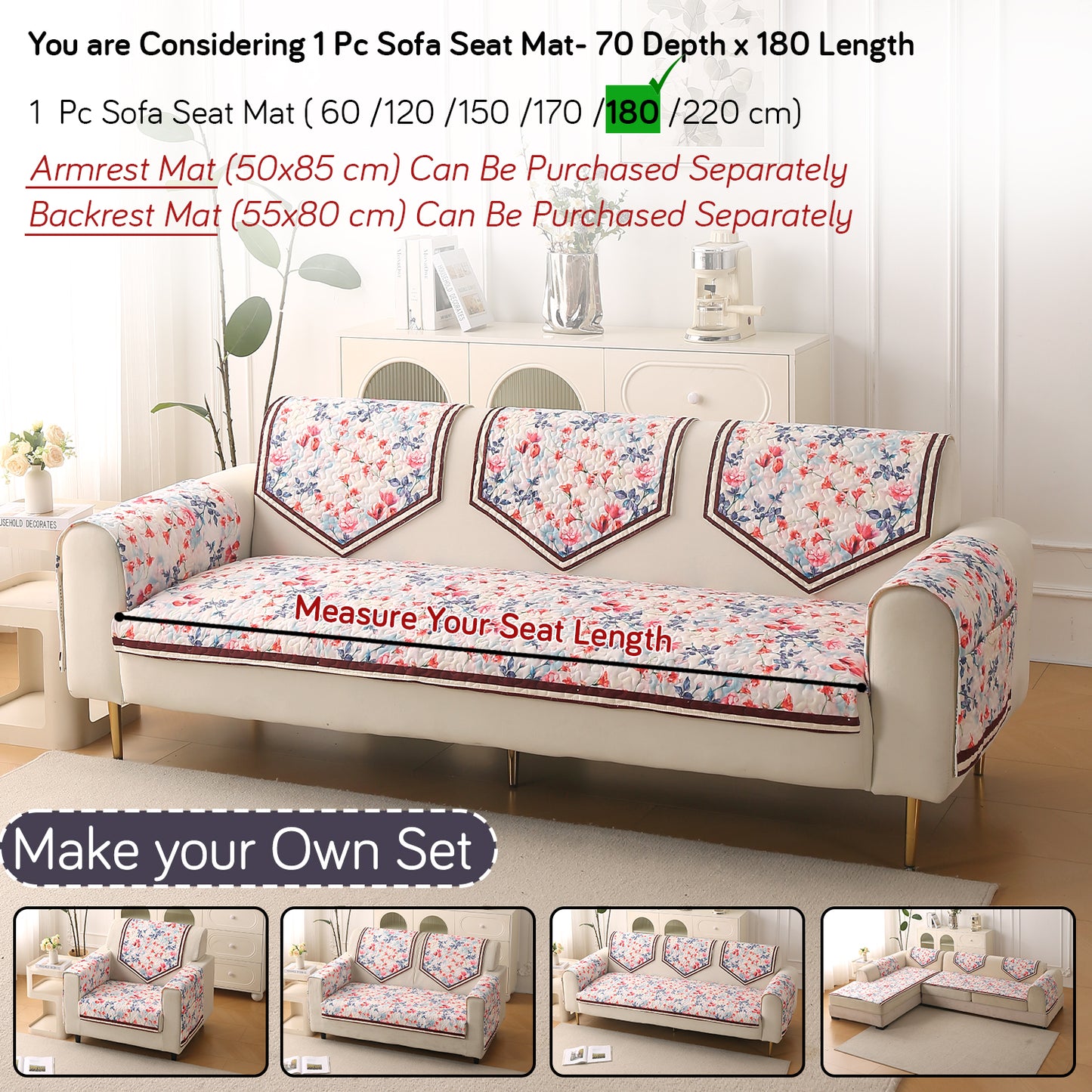 Florentina Series Premium Holland Velvet Sofa Cover Mat - Scarlet Rose Ivory