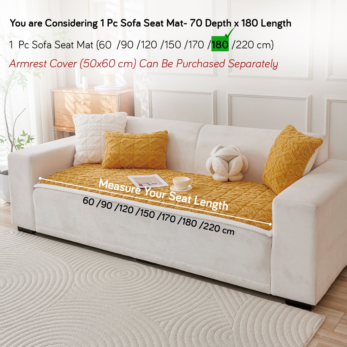 'Italian Caelora' Luxury Jacquard Plush Sofa Cover Mat and Anti-Slip Armrest Covers - Honey Yellow