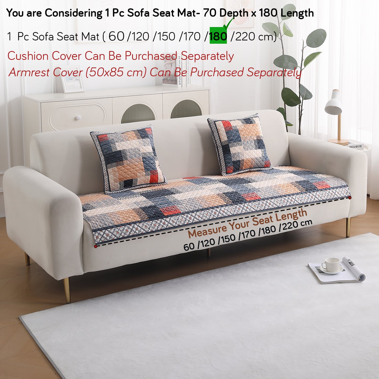 LiefNest Holland Velvet Sofa Cover Mat with Foam Filling - Urban Grid Multicolor