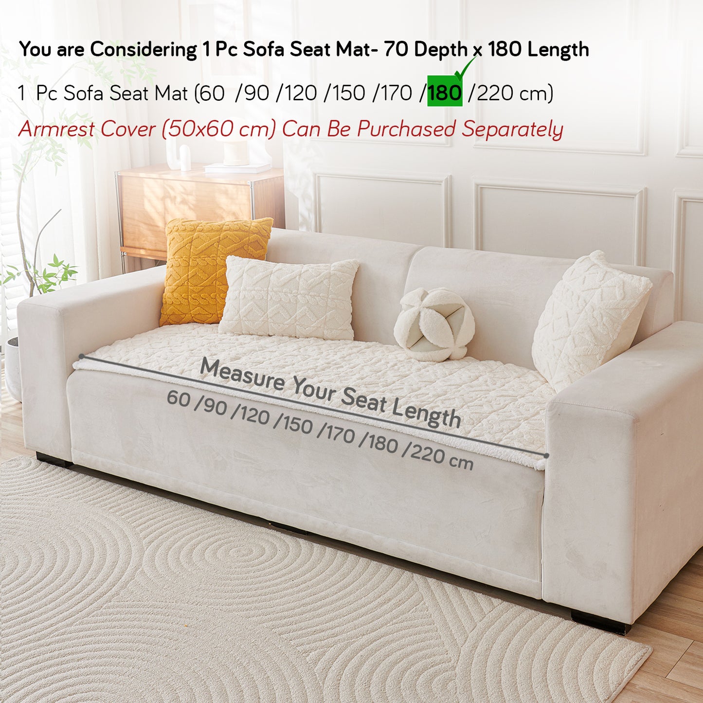 'Italian Caelora' Luxury Jacquard Plush Sofa Cover Mat and Anti-Slip Armrest Covers - Pearl Whit