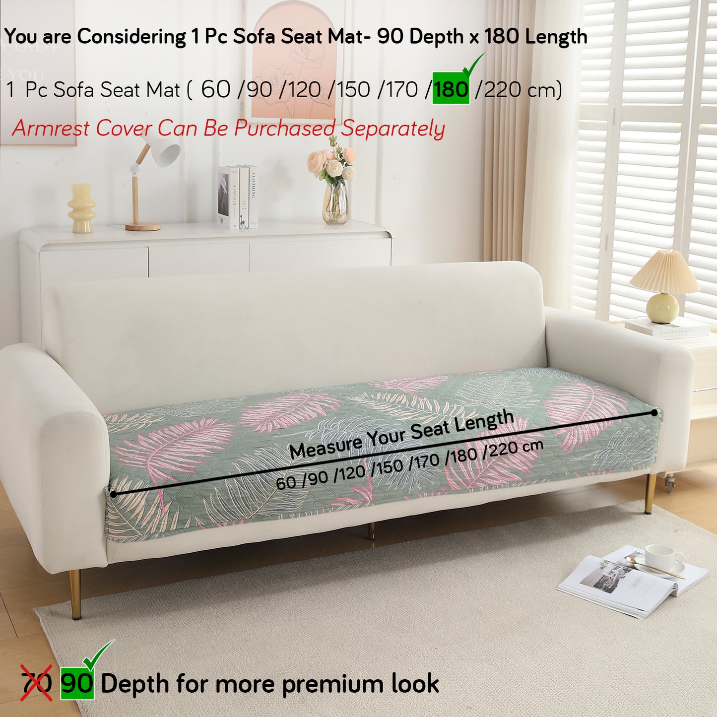 Polyester Printed Quilted Sofa Cover Mats, Tropical Leaves Pastel Green