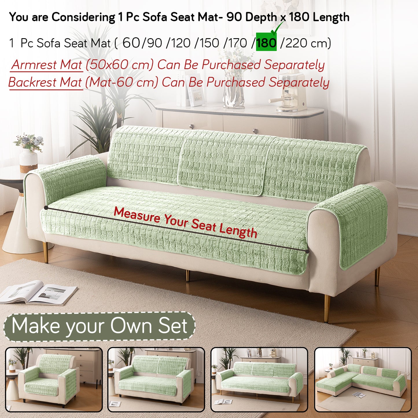 Premium Plush Anti Slip Sofa Cover Mat, Pastel Green