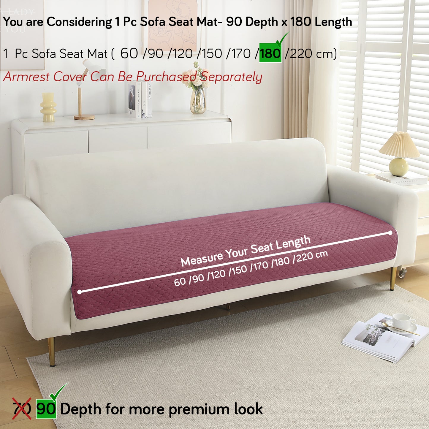 Polyester Quilted Sofa Cover Mats, Mauve Pink