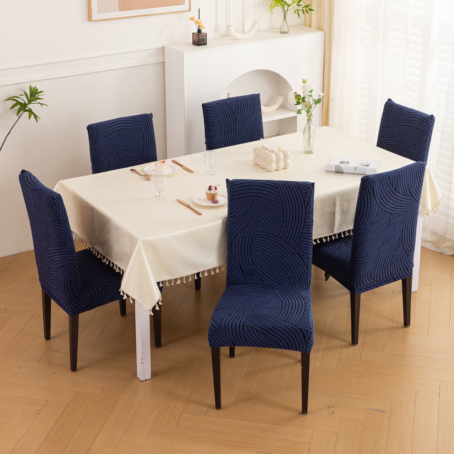 WaveLine Series 180 GSM Jacquard Chair Cover Set of 1/2/4/6, Royal Blue