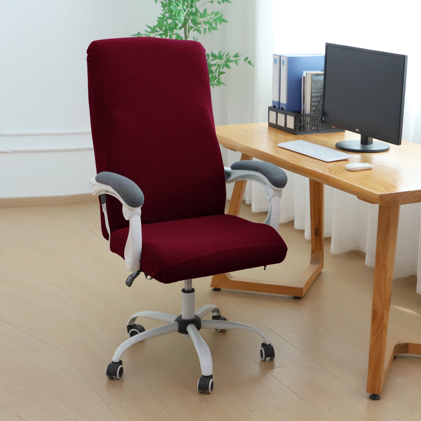 Water Repellent Office Chair Cover for Executive Chair (High-Back) – 210 GSM Stretchable Jacquard – Washable & Anti-Slip – Fits Big & Tall Office Chairs, Burgundy