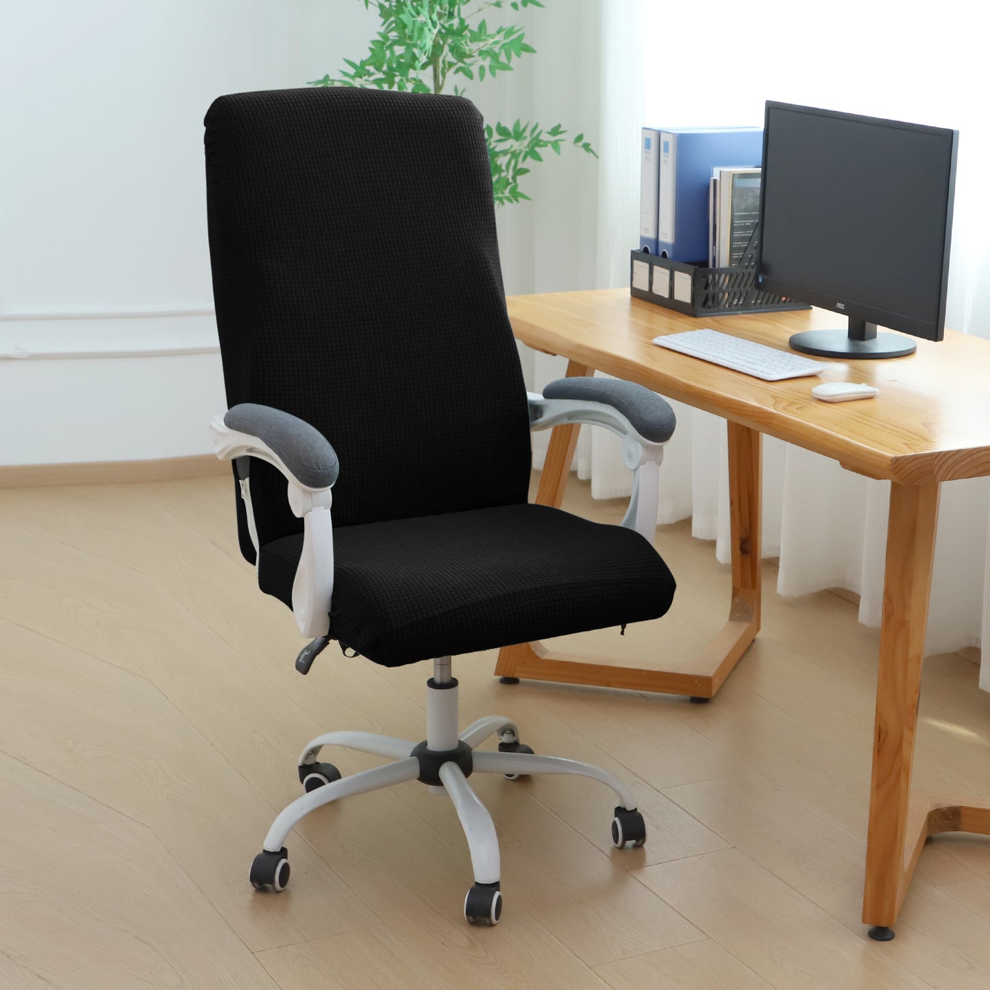Water Repellent Office Chair Cover for Executive Chair (High-Back) – 210 GSM Stretchable Jacquard – Washable & Anti-Slip – Fits Big & Tall Office Chairs, Black