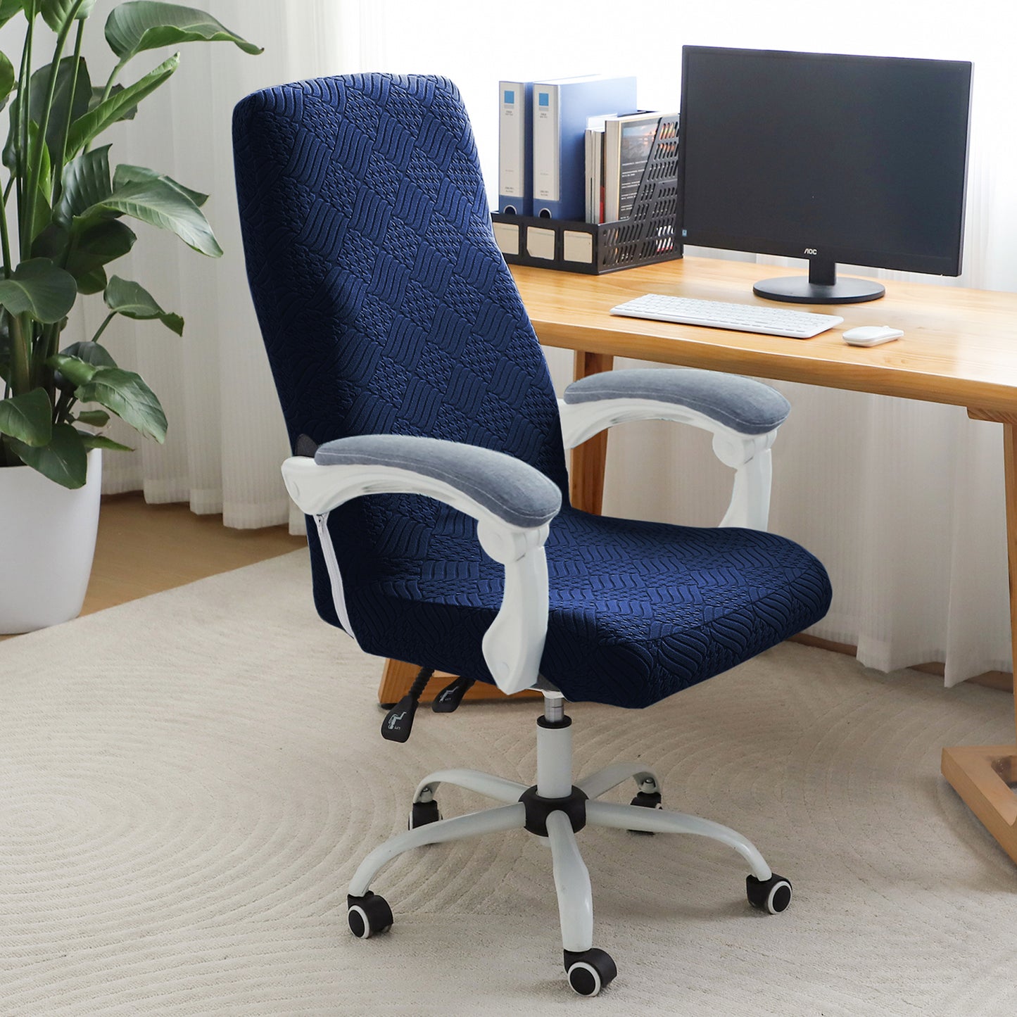 Office Chair Cover for Executive Chair (High-Back) – 170 GSM Stretchable Jacquard – Washable & Anti-Slip – Fits Big & Tall Office Chairs, Navy Blue