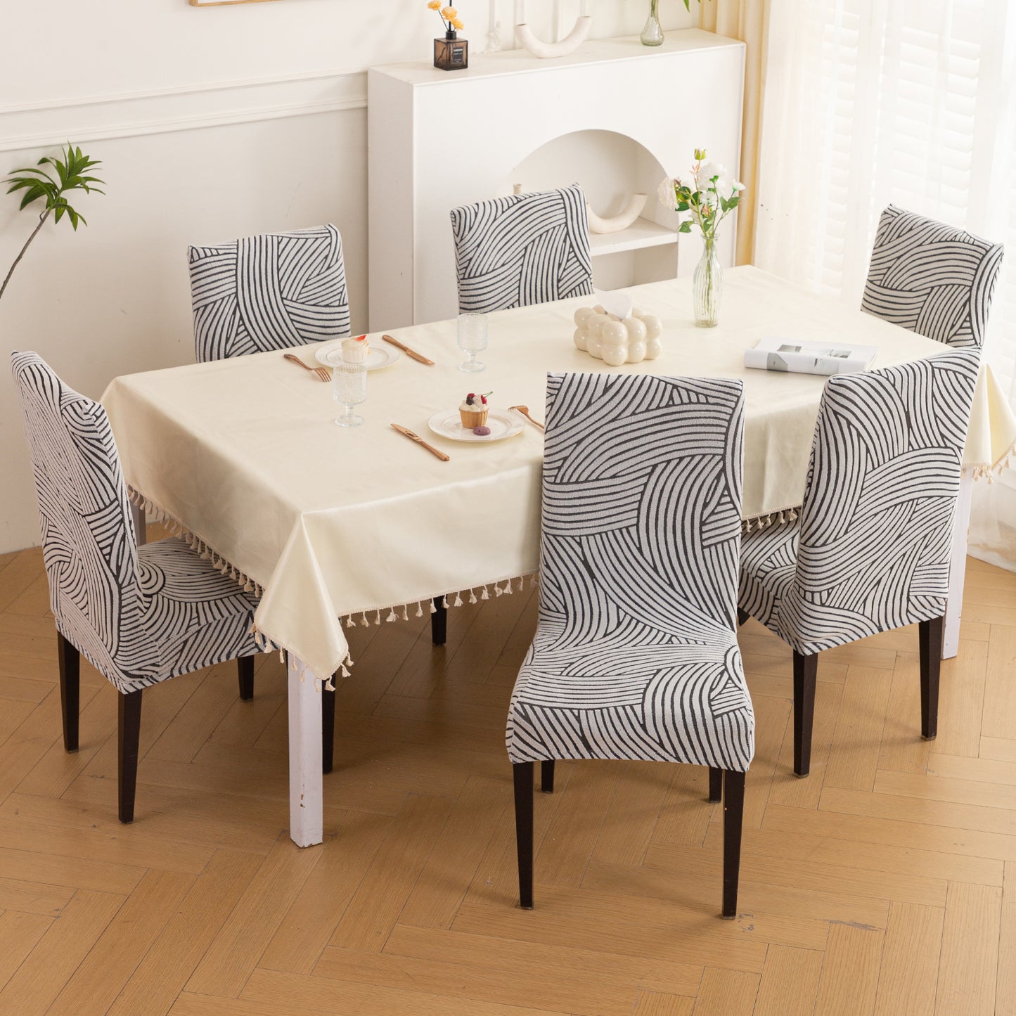 WaveLine Series 180 GSM Jacquard Chair Cover Set 1/2/4/6, Classic White
