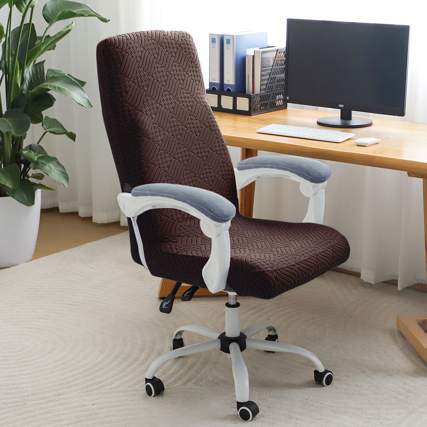 Office Chair Cover for Executive Chair (High-Back) – 170 GSM Stretchable Jacquard – Washable & Anti-Slip – Fits Big & Tall Office Chairs, Brown