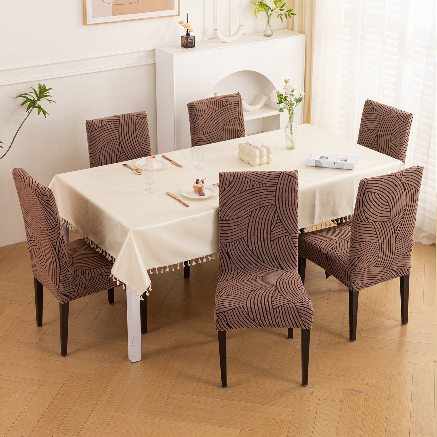 WaveLine Series 180 GSM Jacquard Chair Cover Set of 1/2/4/6, Rust Brown