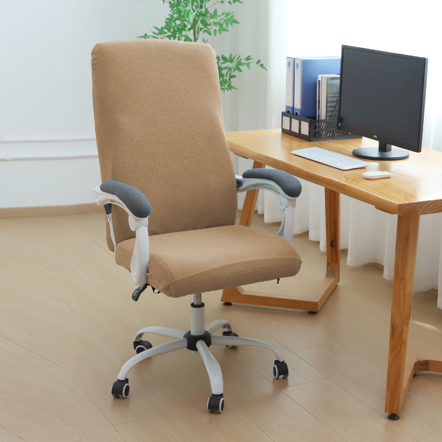 Water Repellent Office Chair Cover for Executive Chair (High-Back) – 210 GSM Stretchable Jacquard – Washable & Anti-Slip – Fits Big & Tall Office Chairs, Camel