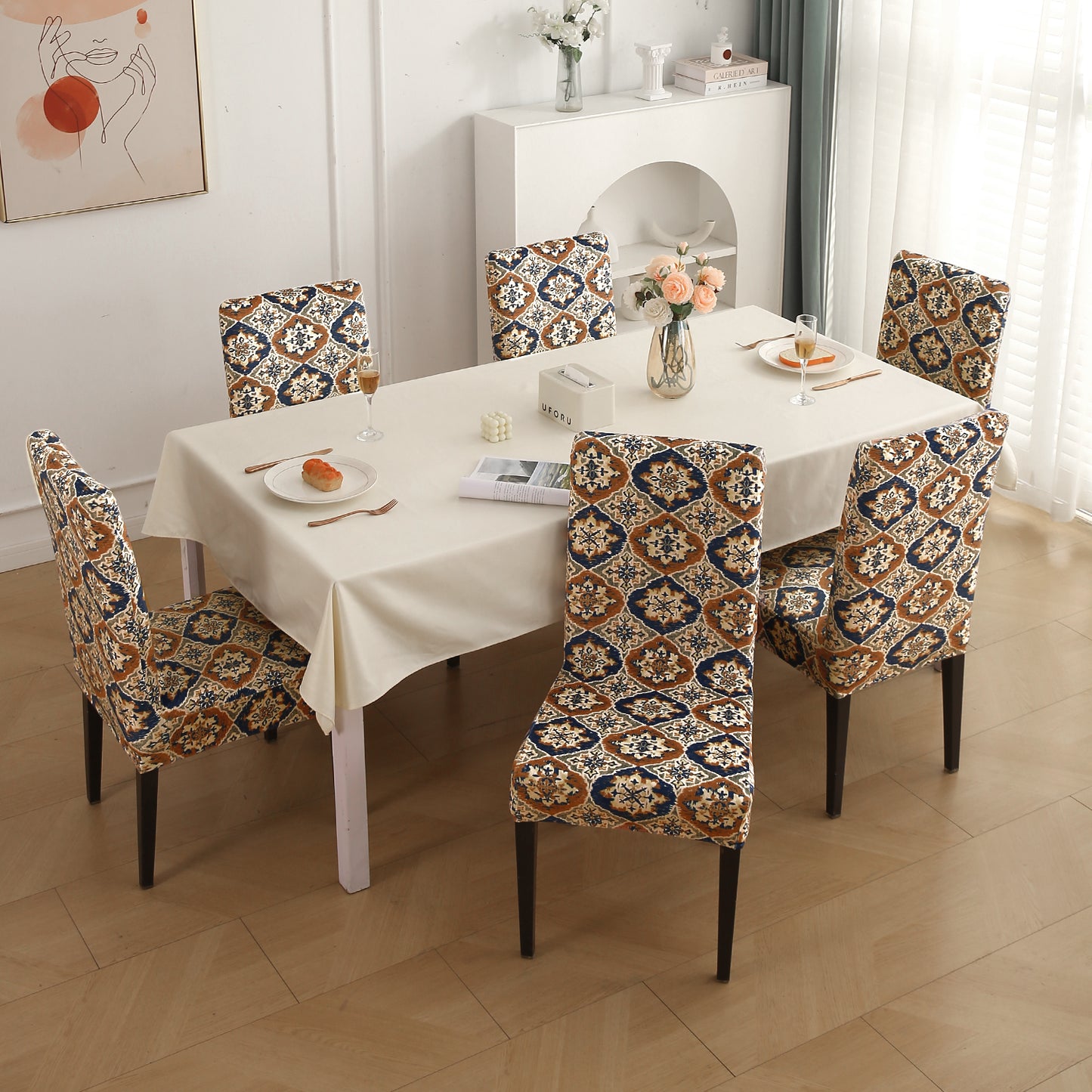 Premium Printed Velvet Dining Chair Cover Set, Indigo Moroccan Charm