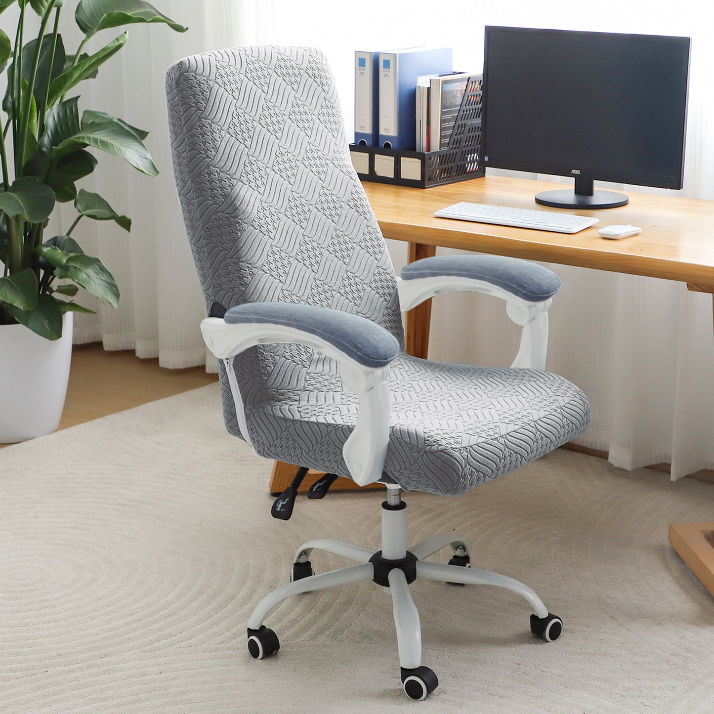Office Chair Cover for Executive Chair (High-Back) – 170 GSM Stretchable Jacquard – Washable & Anti-Slip – Fits Big & Tall Office Chairs, Light Grey