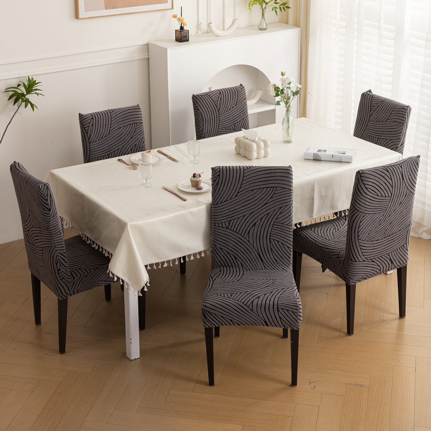WaveLine Series 180 GSM Jacquard Chair Cover Set of 1/2/4/6, Charcoal Grey