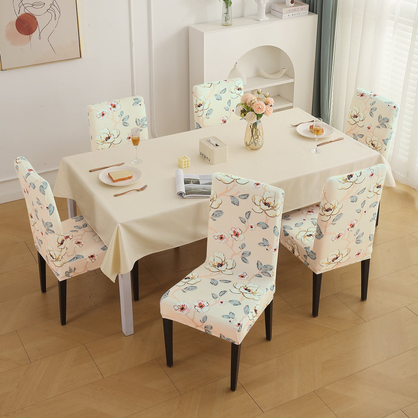 Premium Printed Velvet Dining Chair Cover Set, Buttercream Magnolia Whisper