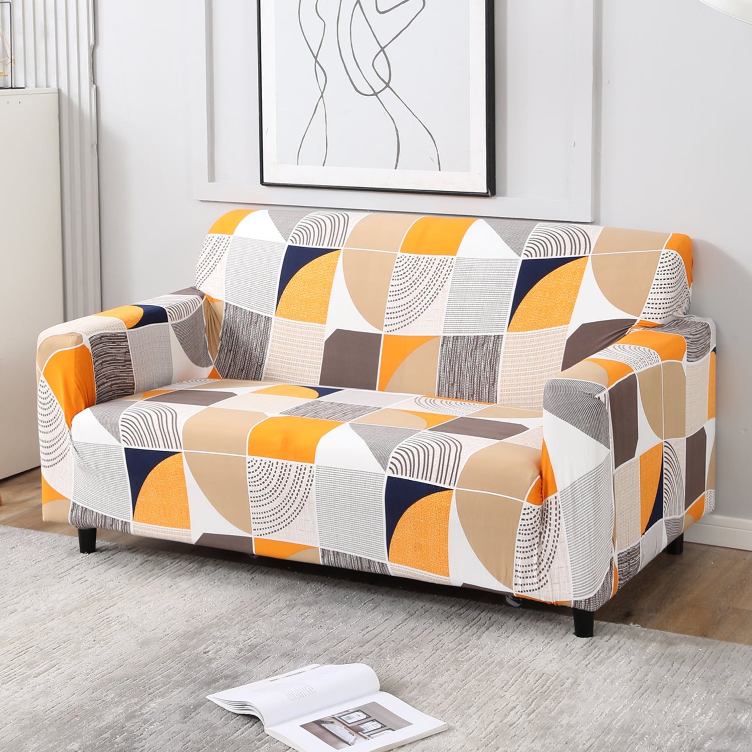 Square Abstract non slip elastic 2 seater sofa cover