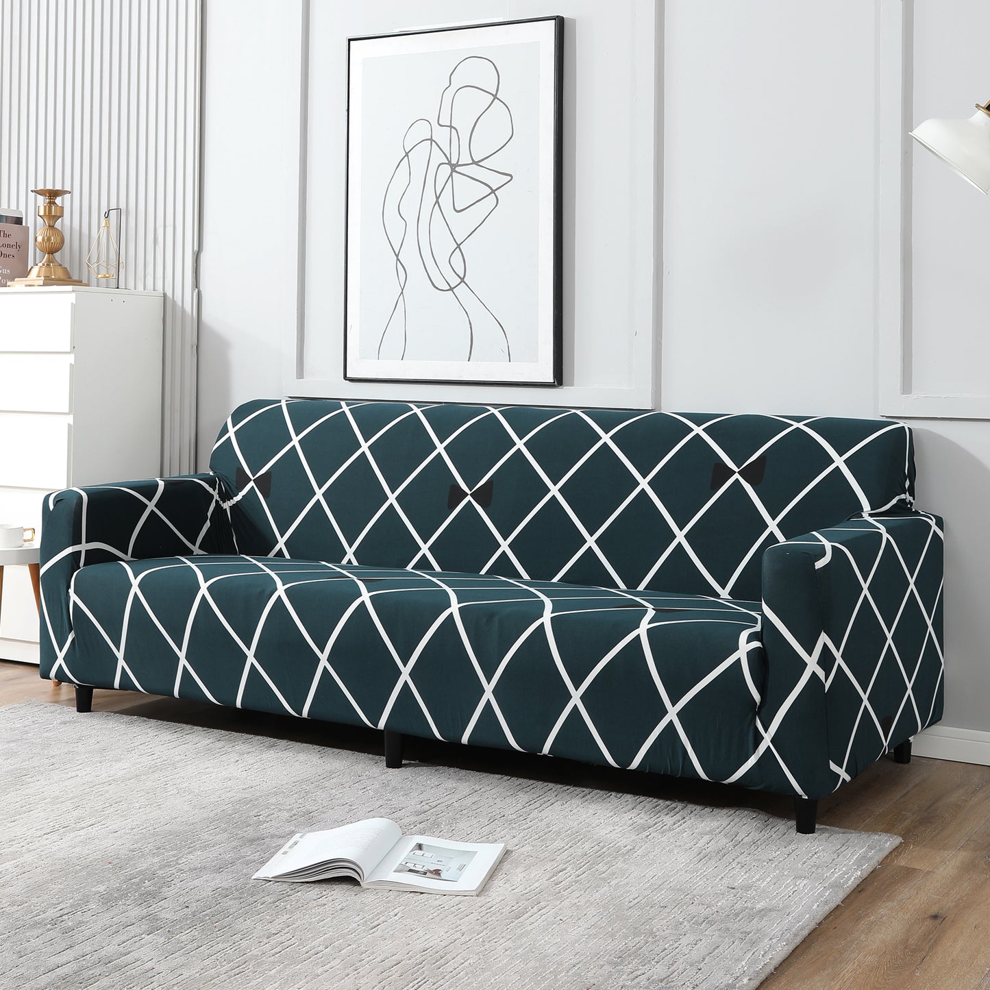 Teal Diamond, non slip, elastic 4 seater sofa covers