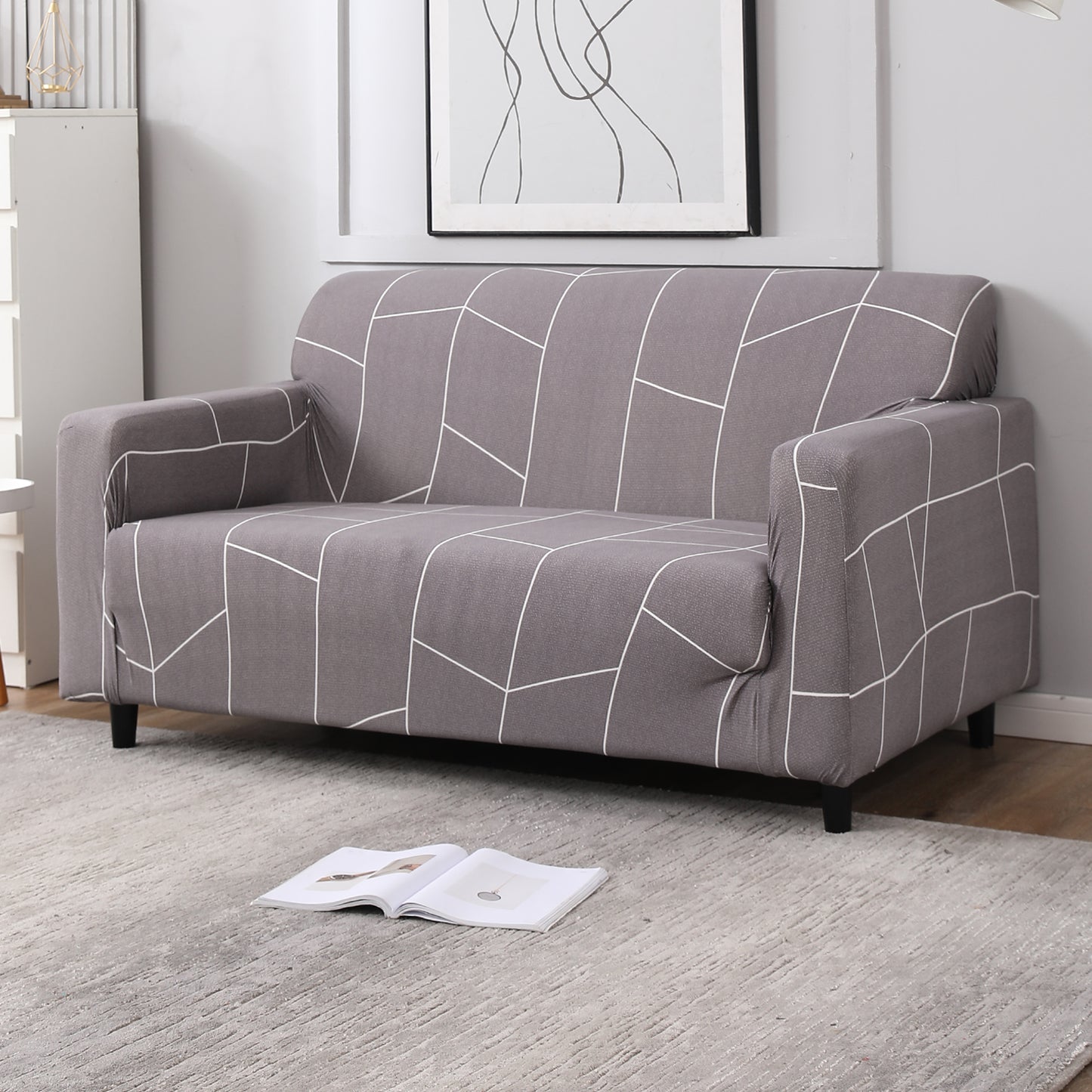 Ash Grey Abstract non slip elastic 2 seater sofa cover