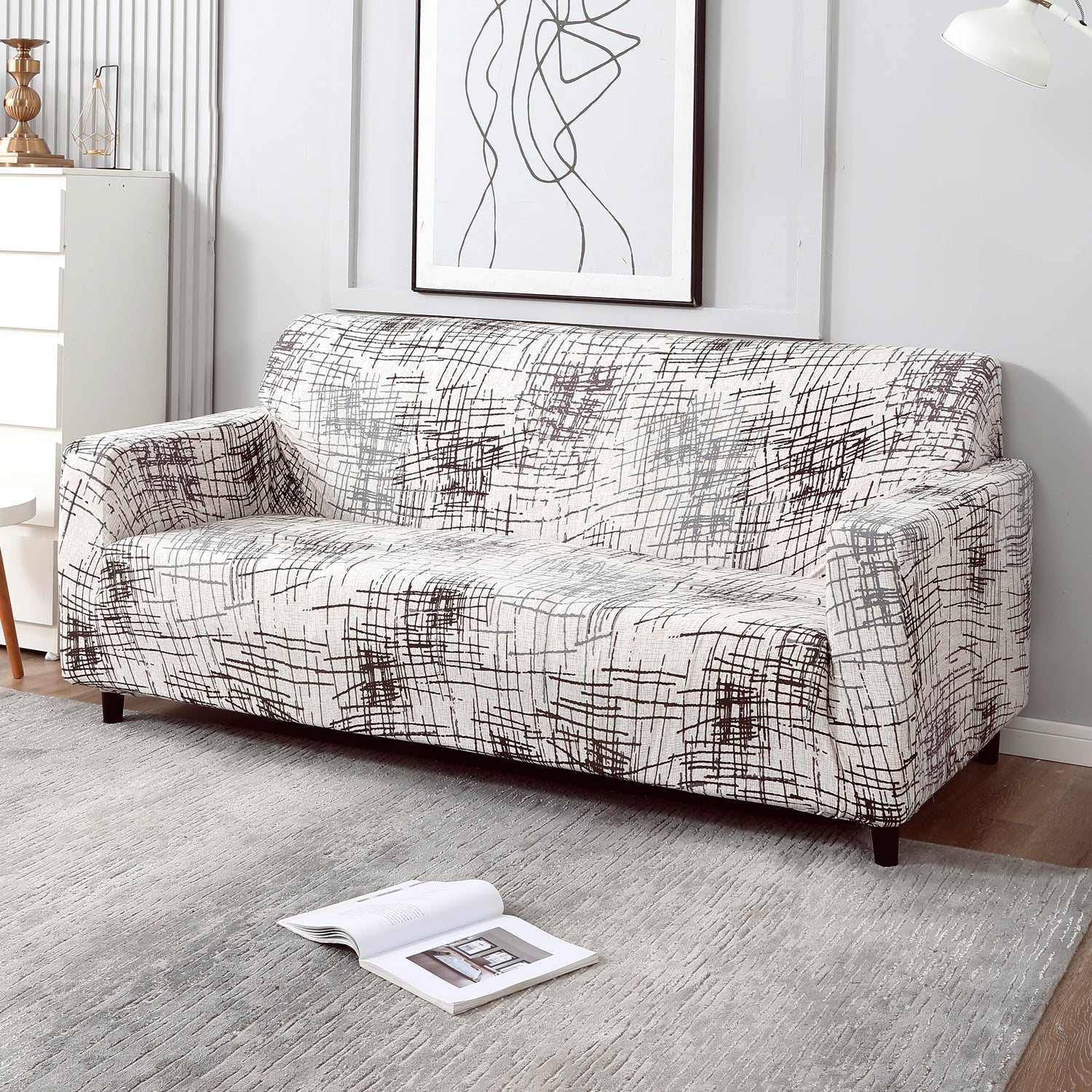 Beige Brown Lines full fitted stretchable three seater sofa cover
