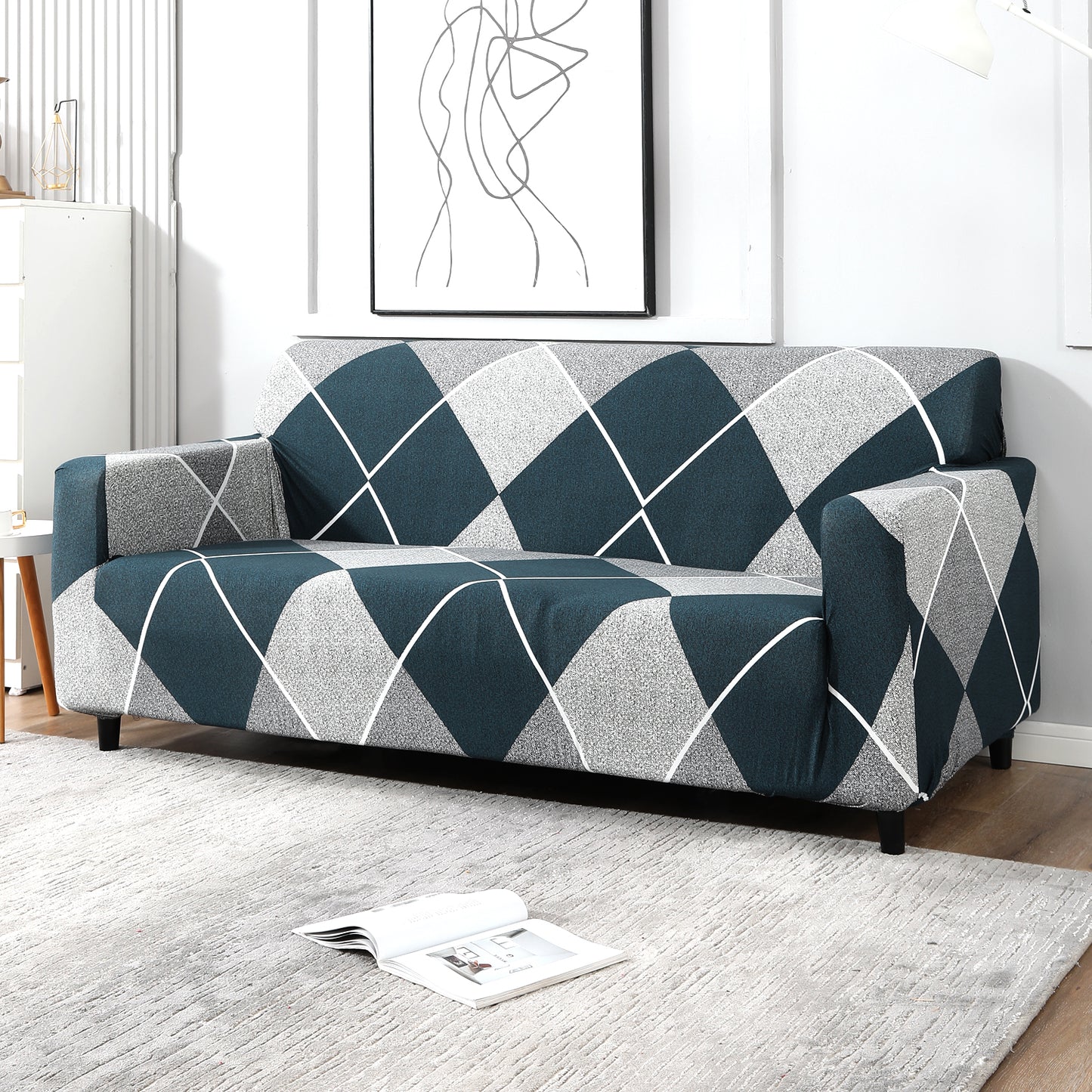 Blue Rhombus Printed non slip, elastic 4 seater sofa covers