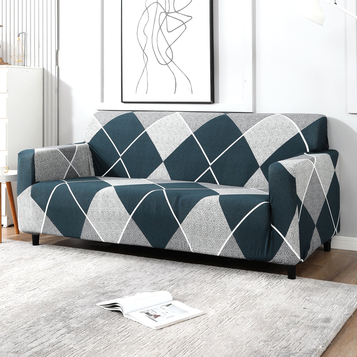 Blue Rhombus Printed non slip, elastic 4 seater sofa covers