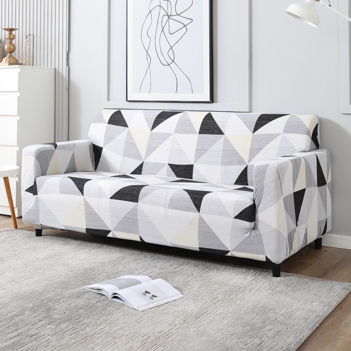 Elastic Stretchable Printed Sofa Cover, Black Grey Geometric