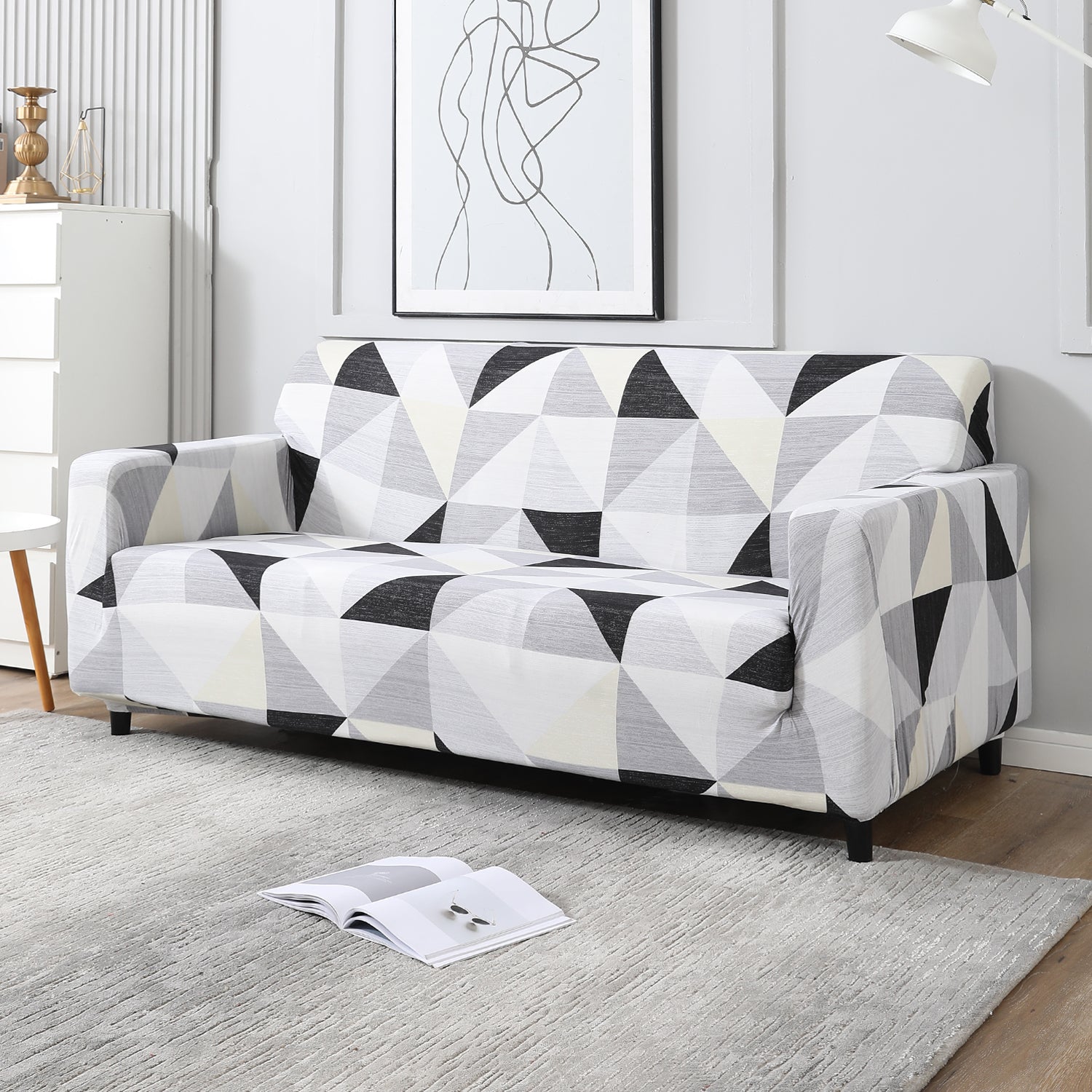 Black Grey Geometric stretchable 3 seater sofa covers