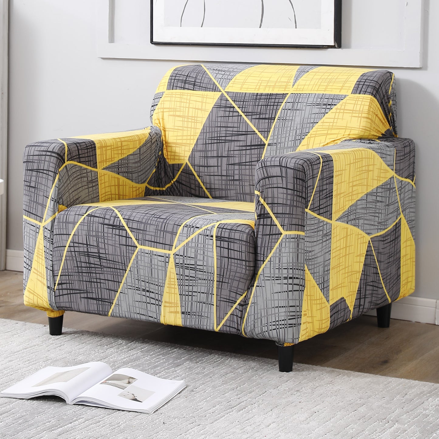 Abstract Grey polyester stretchable single sofa cover