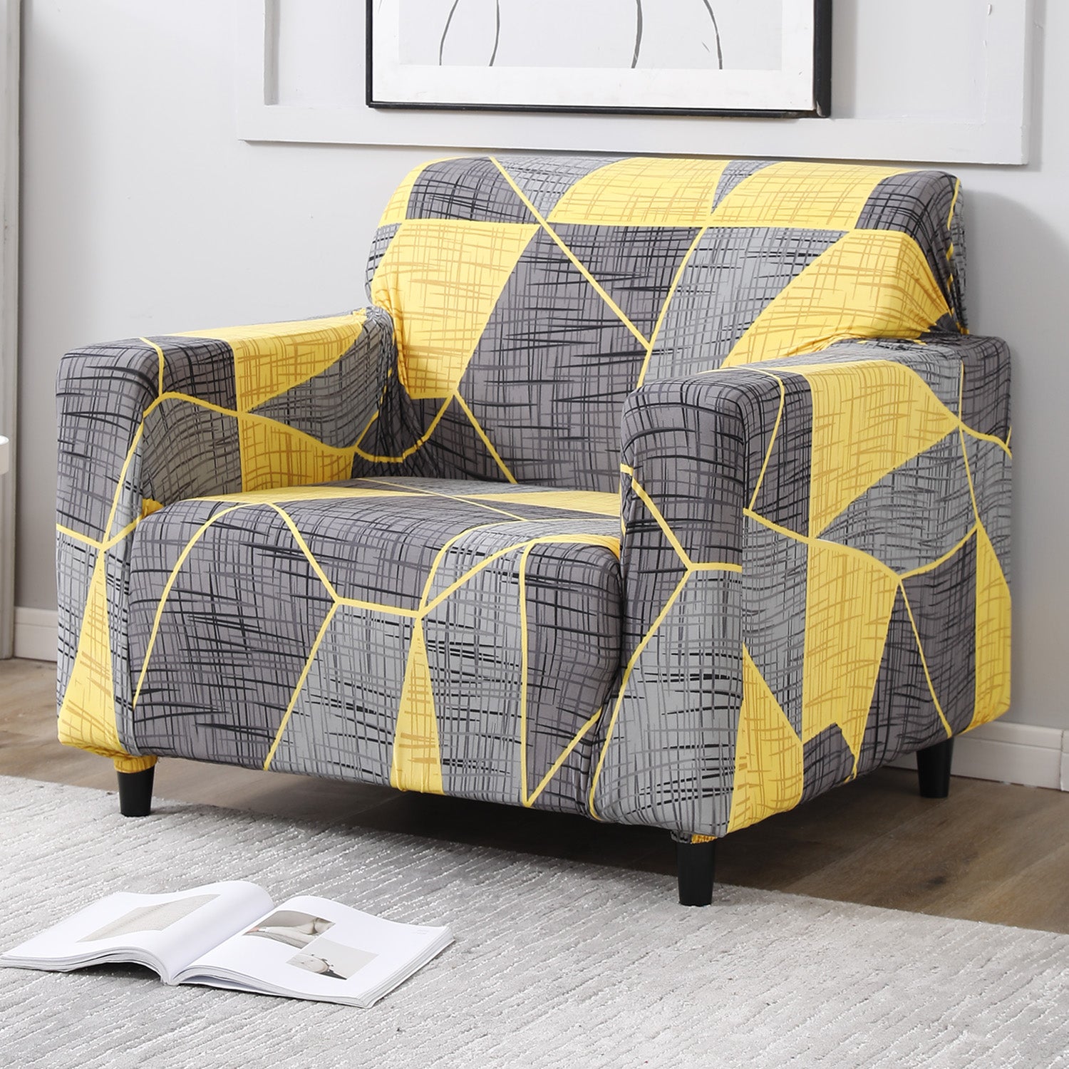 Abstract Grey polyester stretchable single sofa cover