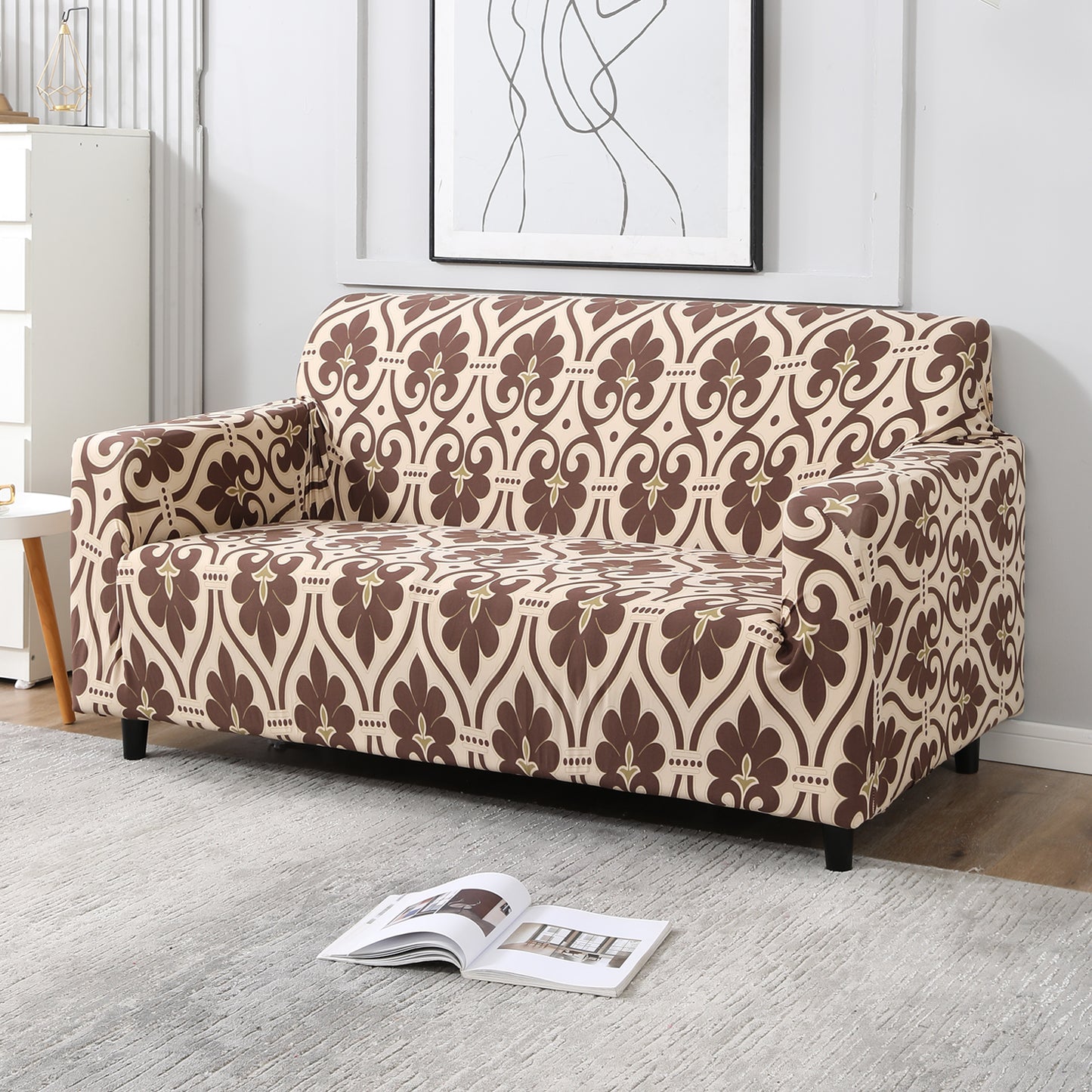 Beige Damask Printed non slip elastic 2 seater sofa cover