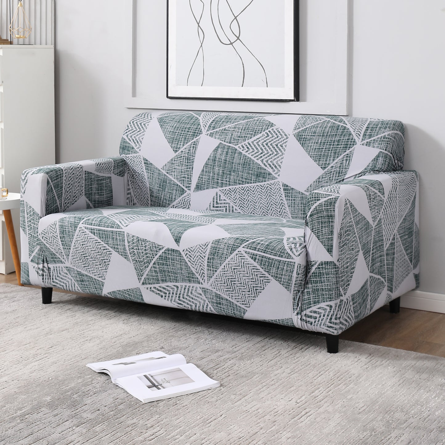 Grey Geometric Abstract Print non slip elastic 2 seater sofa cover