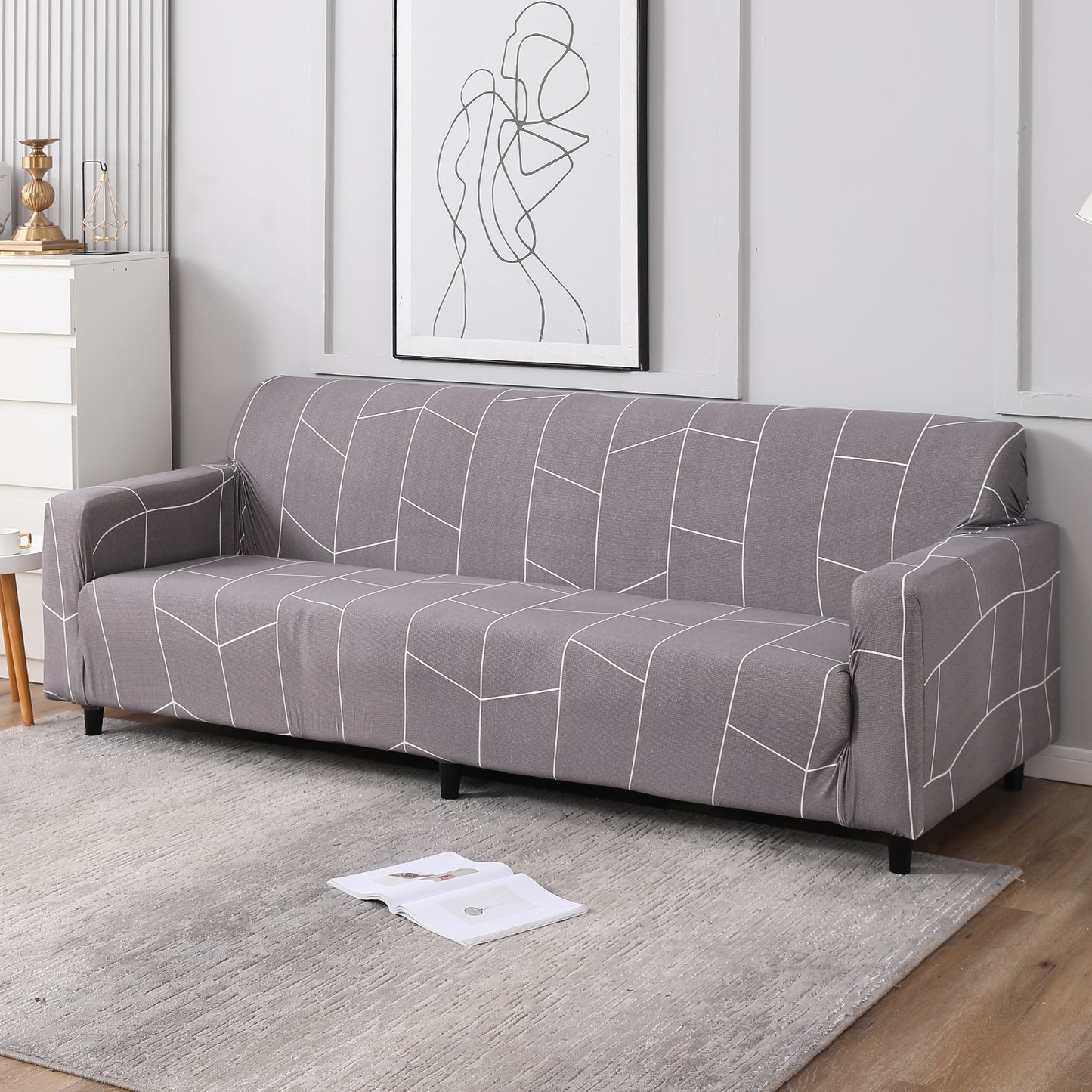 Ash Grey Abstract, non slip, elastic 4 seater sofa covers