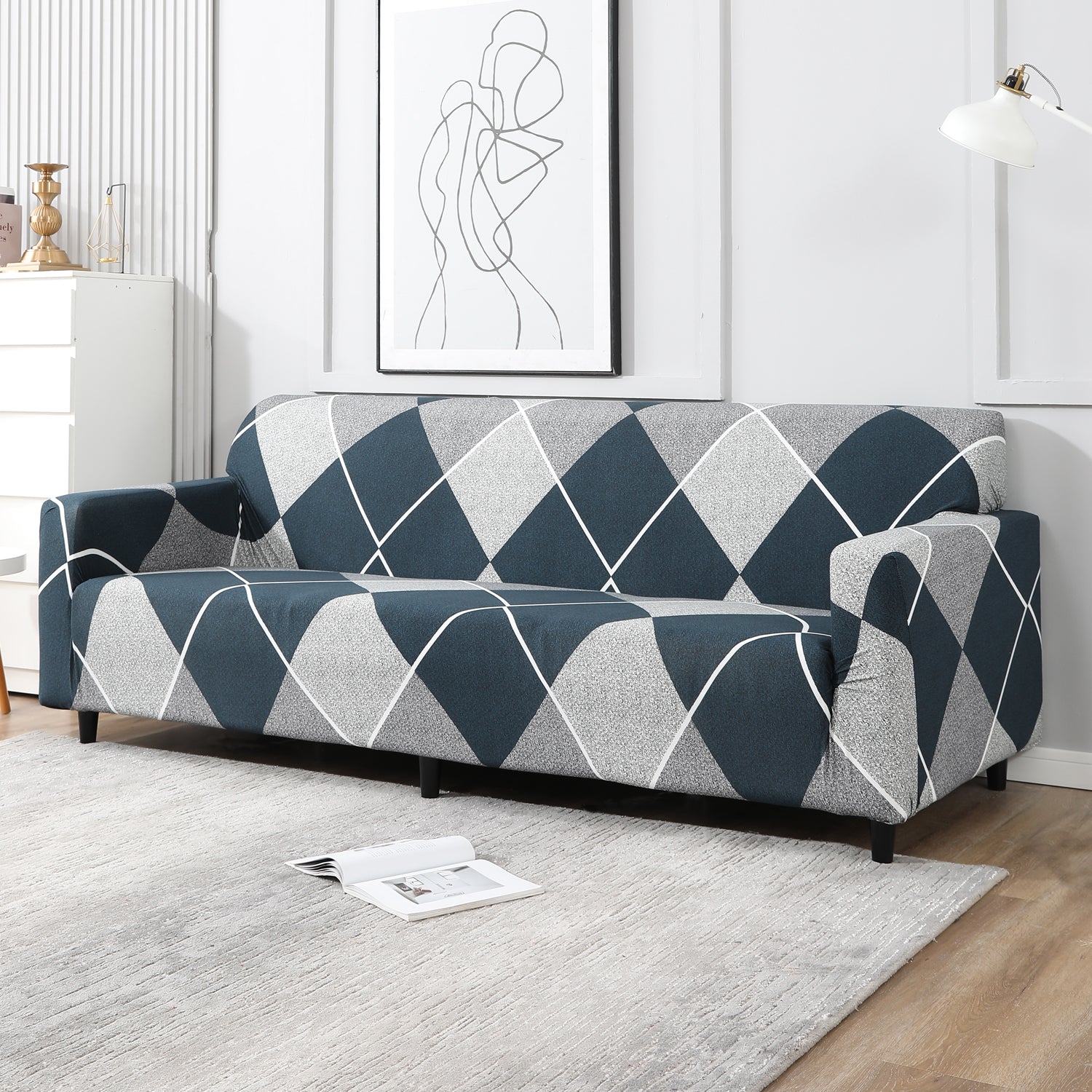 Blue Rhombus Printed non slip, elastic 4 seater sofa covers