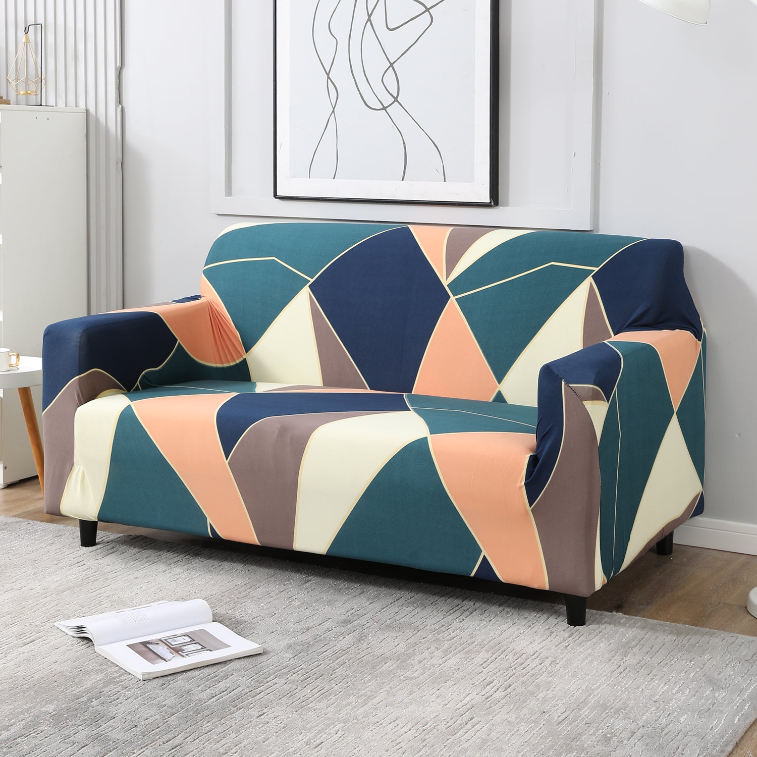 Green Peach Abstract Printed stretchable two seater sofa cover