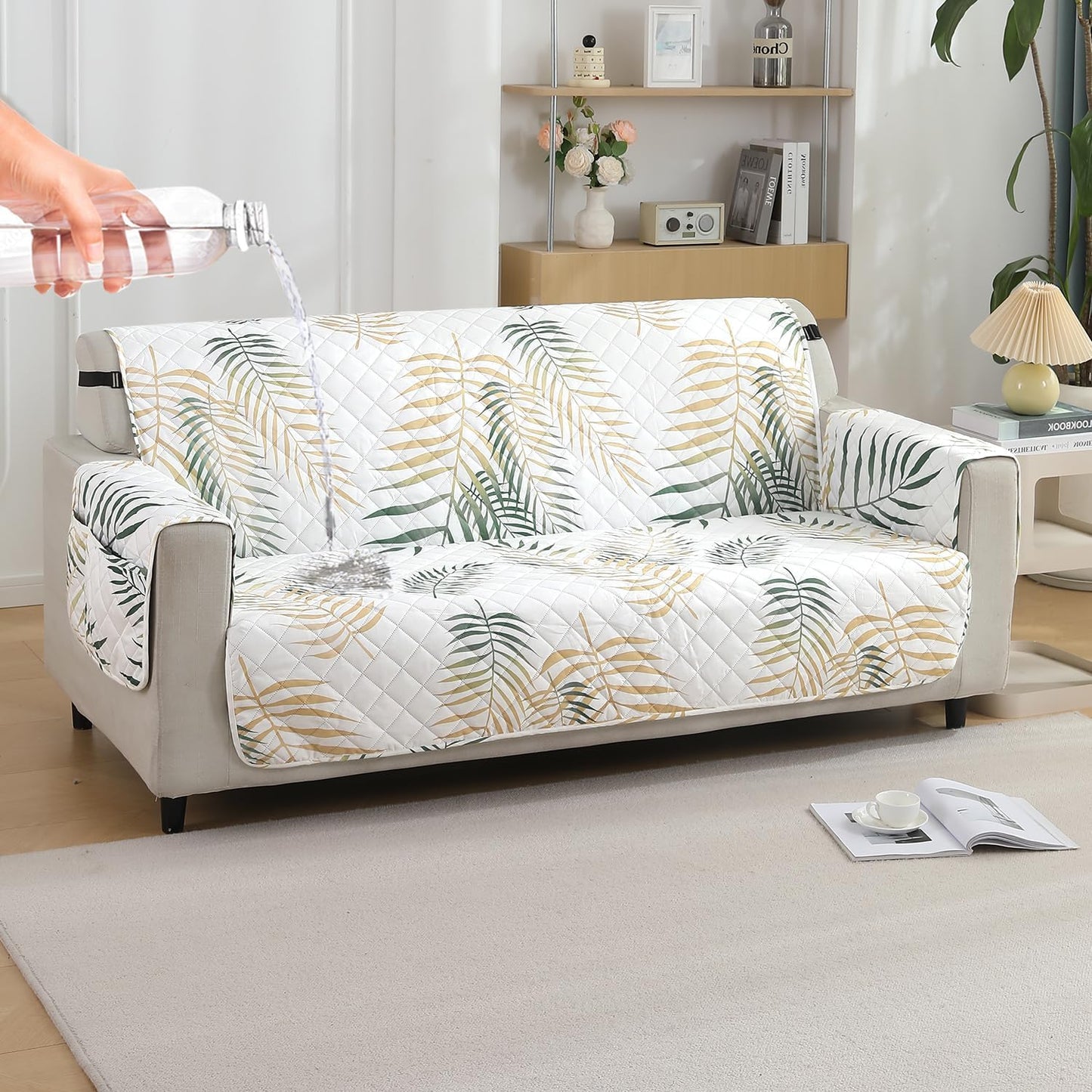 Quilted Waterproof Sofa Cover Mat with Pockets on Armrest Cover - Palm Leaves Forest Green