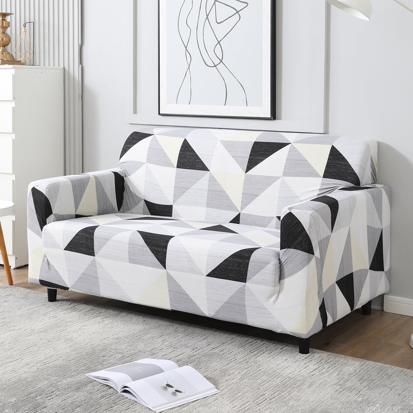 Elastic Stretchable Printed Sofa Cover, Black Grey Geometric