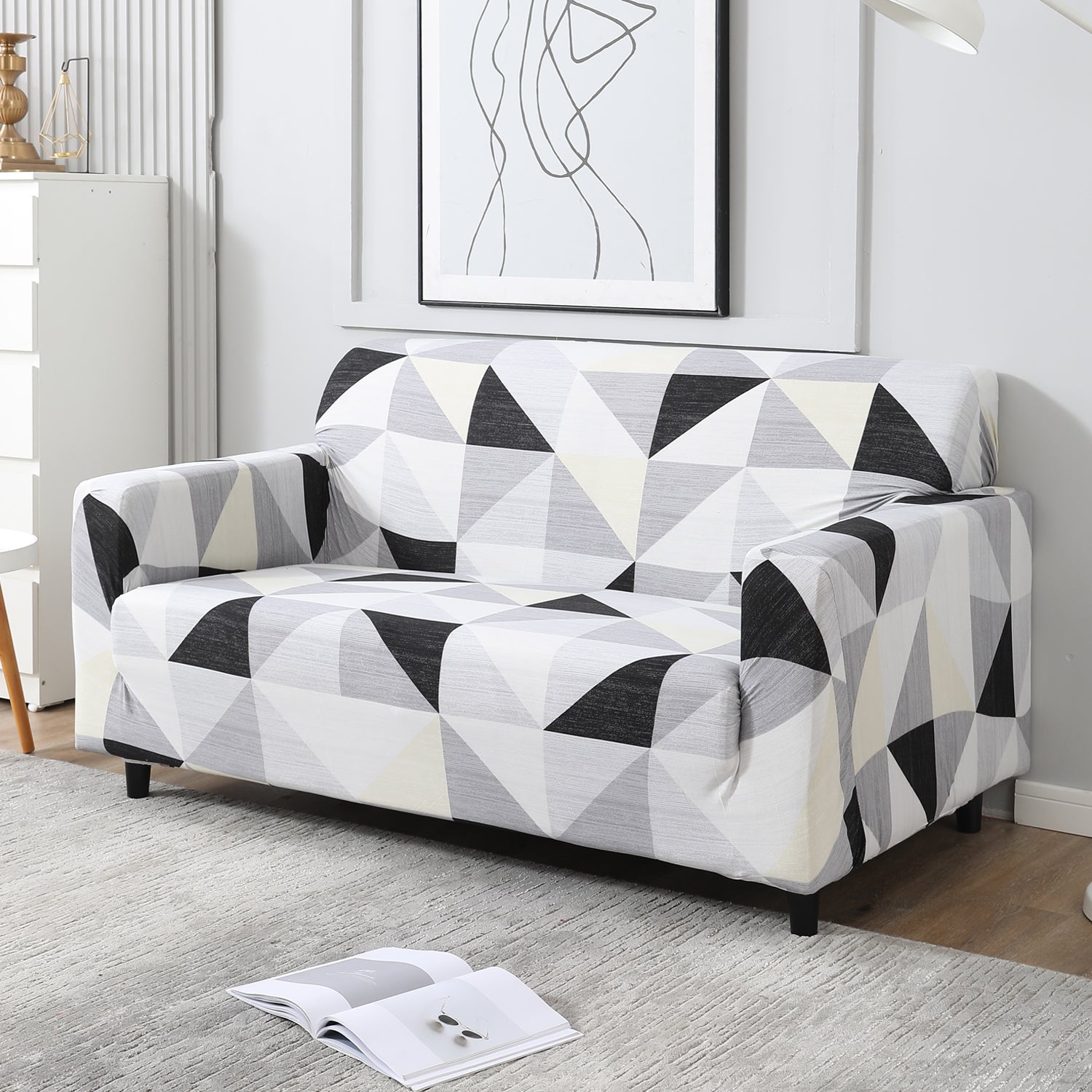 Black Grey Geometric stretchable two seater sofa cover