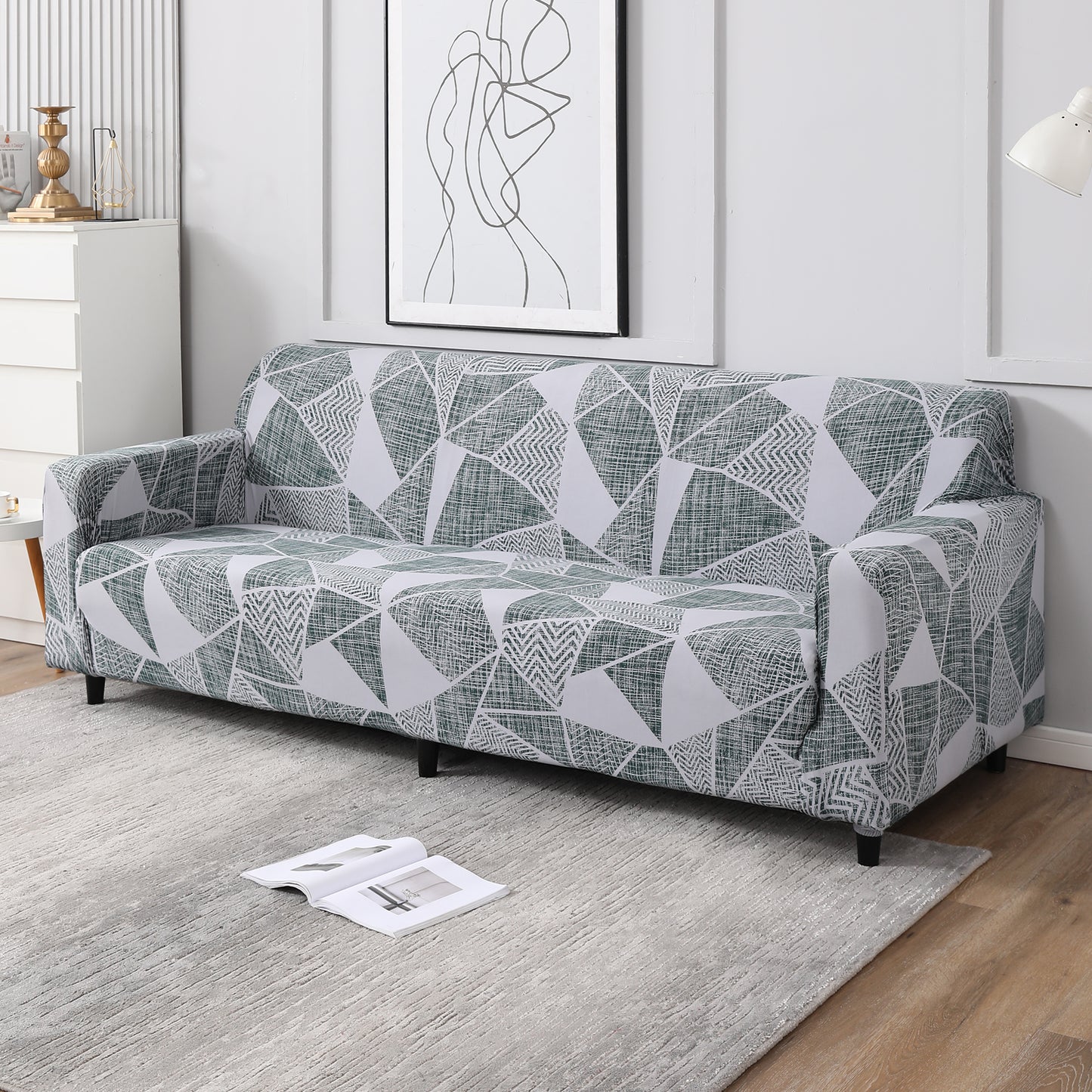 Grey Geometric Abstract Print, non slip, Stretchable 4 seater sofa covers