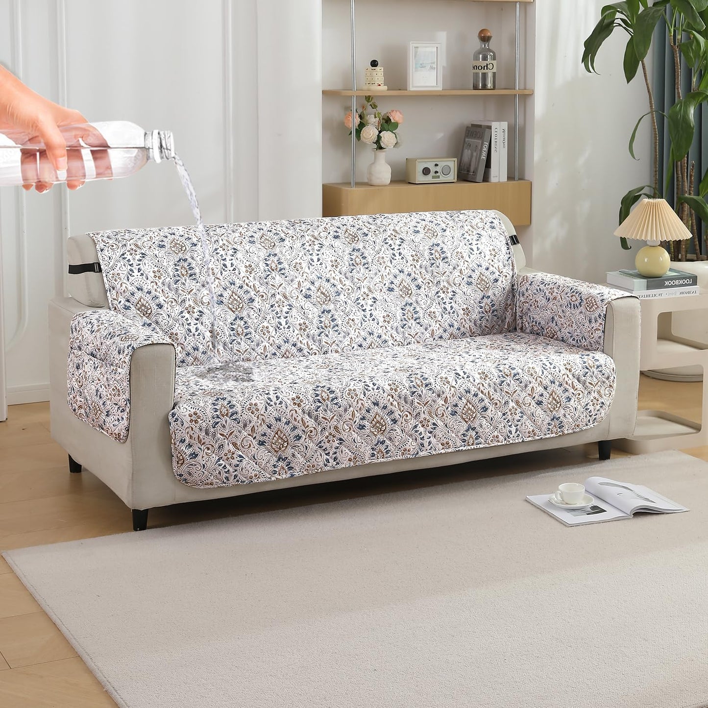 Quilted Waterproof Sofa Cover Mat with Pockets on Armrest Cover -Damask White