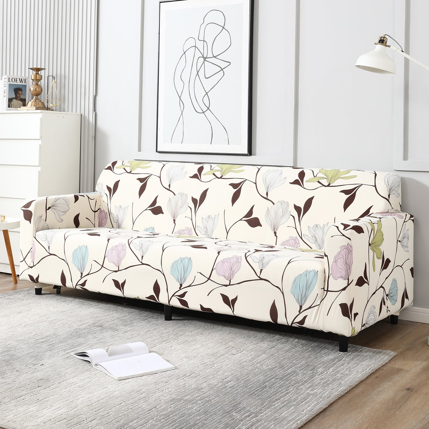Beige Brown Leaves, non slip, elastic 4 seater sofa covers