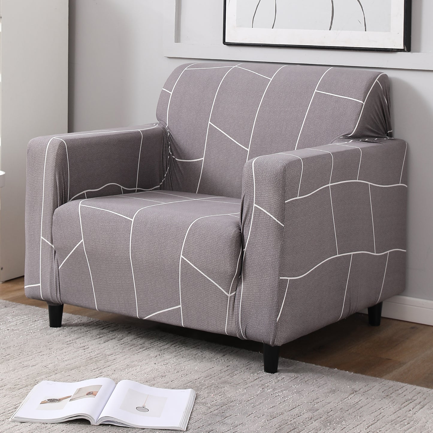 Ash Grey Abstract stretchable single sofa cover