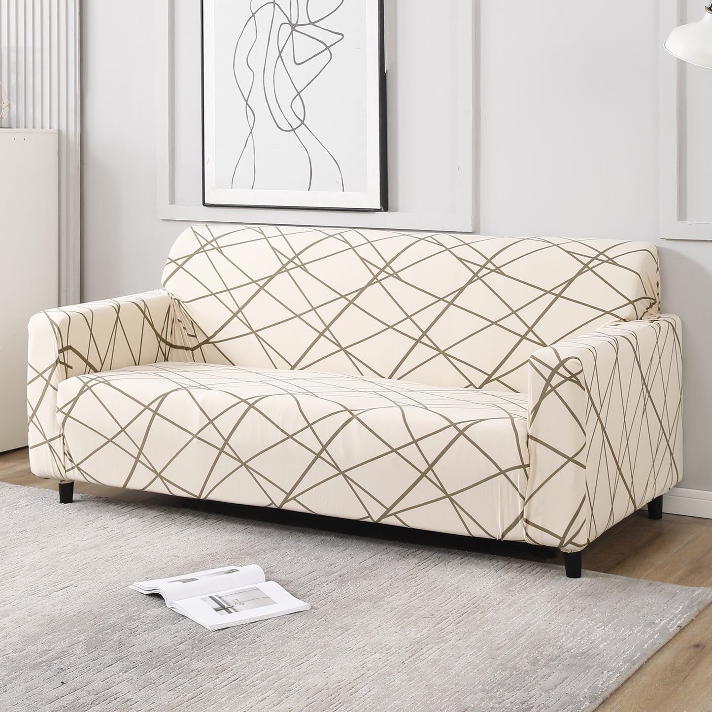 Beige Abstarct Lines Print Fully fitted sofa cover set