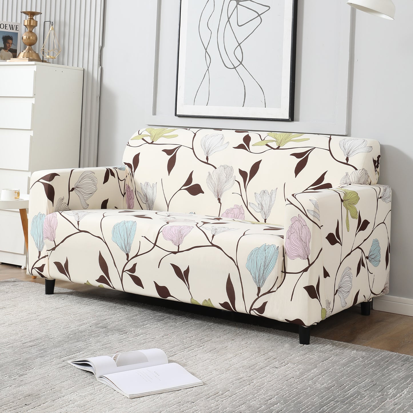Beige Brown Leaves non slip elastic 2 seater sofa cover