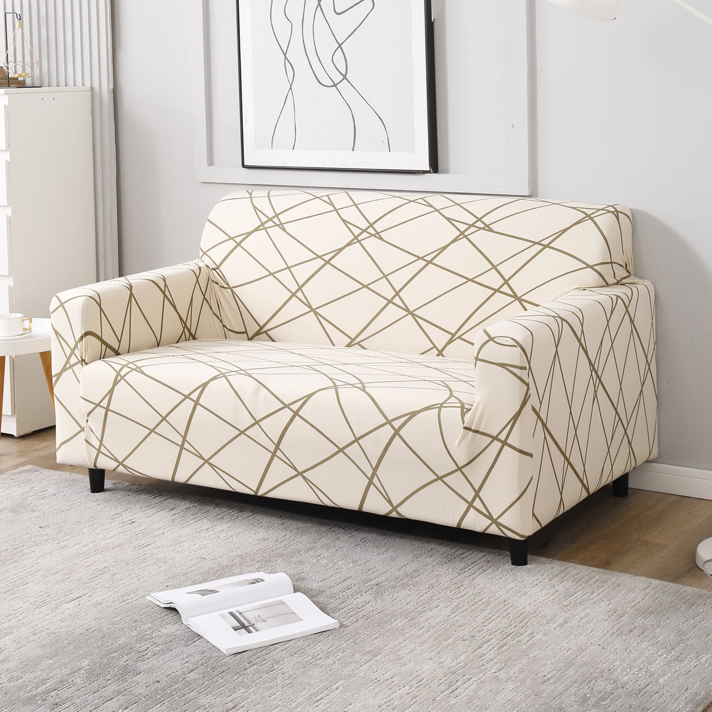 Beige Abstarct Lines Print stretchable two seater sofa cover