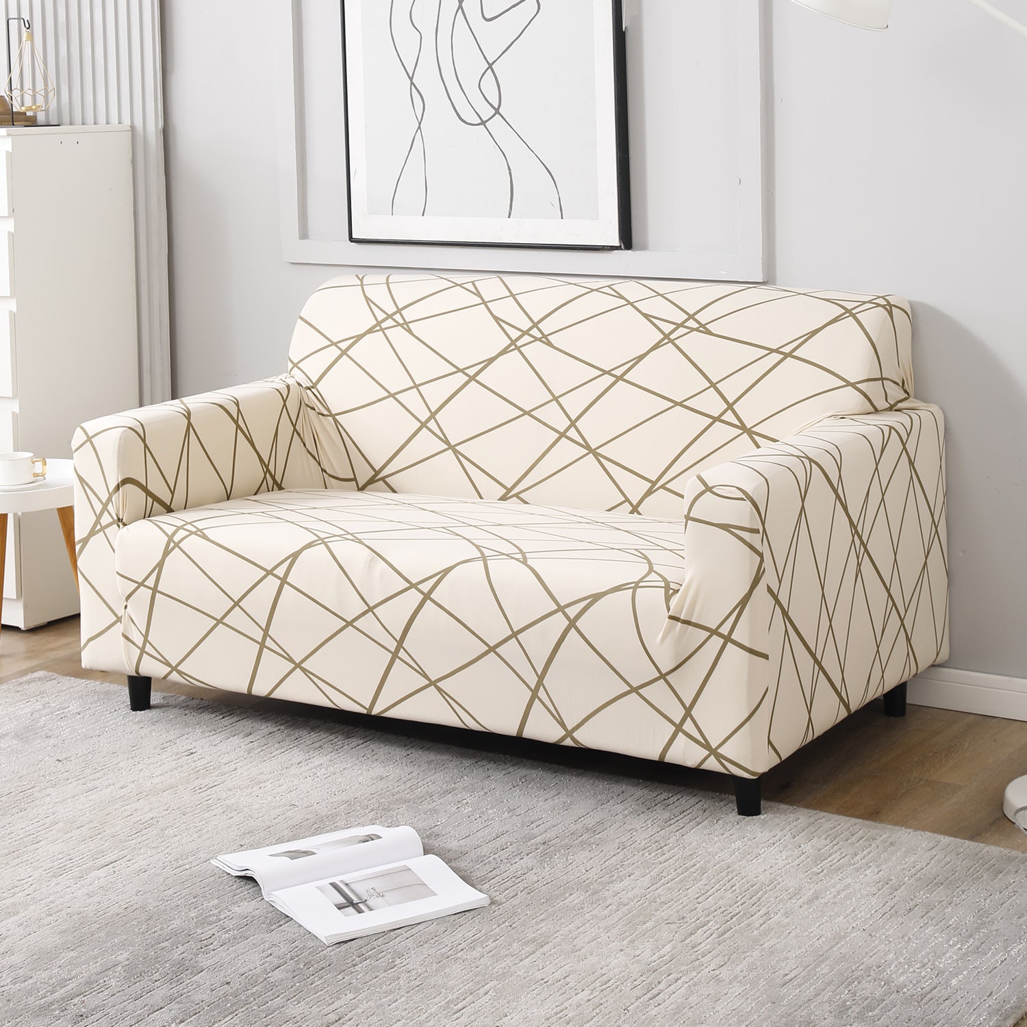 Beige Abstarct Lines Print stretchable two seater sofa cover